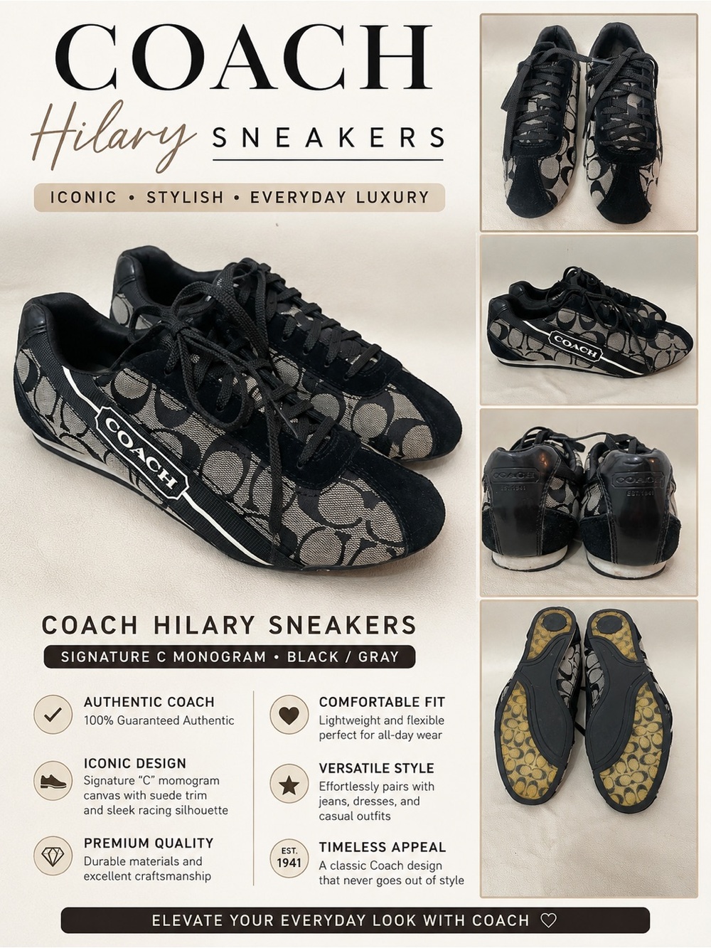 Coach Hilary Black and White Signature C Low-Top Sneakers